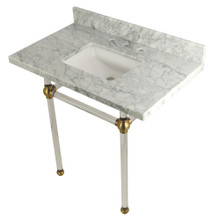 Kingston Brass  KVPB36MASQ7 Templeton 36" x 22" Carrara Marble Vanity Top with Clear Acrylic Console Legs, Carrara Marble/Brushed Brass