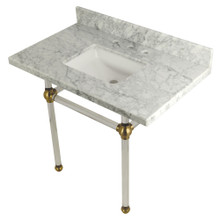 Kingston Brass  KVPB3630MASQ7 Templeton 36" x 22" Carrara Marble Vanity Top with Clear Acrylic Console Legs, Carrara Marble/Brushed Brass