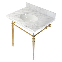 Kingston Brass  KVPB3022M87 Edwardian 30" Console Sink with Brass Legs (8-Inch, 3 Hole), Marble White/Brushed Brass