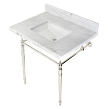 Kingston Brass  KVPB3022M8SQ6 Edwardian 30" Console Sink with Brass Legs (8-Inch, 3 Hole), Marble White/Polished Nickel