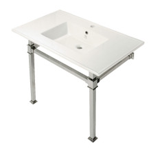 Kingston Brass  KVPB37221Q6 Monarch 37-Inch Console Sink with Stainless Steel Legs (Single Faucet Hole), White/Polished Nickel