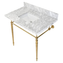 Kingston Brass  KVPB3622M8SQ7 Edwardian 36" Console Sink with Brass Legs (8-Inch, 3 Hole), Marble White/Brushed Brass