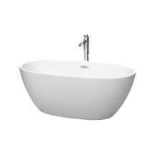 Wyndham  WCBTE306159MWATP11PC Juno 59 Inch Freestanding Bathtub in Matte White with Floor Mounted Faucet, Drain and Overflow Trim in Polished Chrome