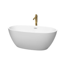 Wyndham  WCBTE306159MWPCATPGD Juno 59 Inch Freestanding Bathtub in Matte White with Polished Chrome Trim and Floor Mounted Faucet in Brushed Gold