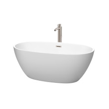 Wyndham  WCBTE306159MWATP11BN Juno 59 Inch Freestanding Bathtub in Matte White with Floor Mounted Faucet, Drain and Overflow Trim in Brushed Nickel