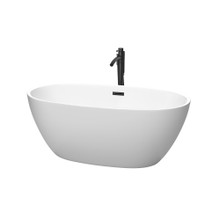 Wyndham  WCBTE306159MWMBATPBK Juno 59 Inch Freestanding Bathtub in Matte White with Floor Mounted Faucet, Drain and Overflow Trim in Matte Black