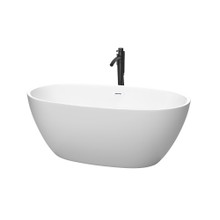 Wyndham  WCBTE306159MWSWATPBK Juno 59 Inch Freestanding Bathtub in Matte White with Shiny White Trim and Floor Mounted Faucet in Matte Black