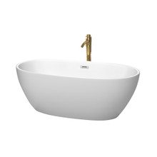 Wyndham  WCBTE306163MWPCATPGD Juno 63 Inch Freestanding Bathtub in Matte White with Polished Chrome Trim and Floor Mounted Faucet in Brushed Gold