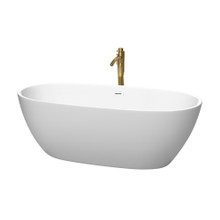 Wyndham  WCBTE306167MWSWATPGD Juno 67 Inch Freestanding Bathtub in Matte White with Shiny White Trim and Floor Mounted Faucet in Brushed Gold