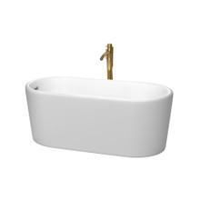 Wyndham  WCBTE301159MWPCATPGD Ursula 59 Inch Freestanding Bathtub in Matte White with Polished Chrome Trim and Floor Mounted Faucet in Brushed Gold