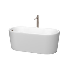 Wyndham  WCBTE301159MWATP11BN Ursula 59 Inch Freestanding Bathtub in Matte White with Floor Mounted Faucet, Drain and Overflow Trim in Brushed Nickel