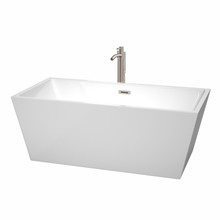 Wyndham  WCBTK151463ATP11BN Sara 63 Inch Freestanding Bathtub in White with Floor Mounted Faucet, Drain and Overflow Trim in Brushed Nickel
