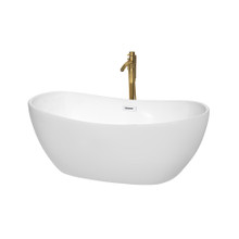 Wyndham  WCOBT101460SWATPGD Rebecca 60 Inch Freestanding Bathtub in White with Shiny White Trim and Floor Mounted Faucet in Brushed Gold