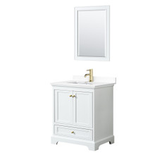 Wyndham  WCS202030SWGWCUNSM24 Deborah 30 Inch Single Bathroom Vanity in White, White Cultured Marble Countertop, Undermount Square Sink, Brushed Gold Trim, 24 Inch Mirror