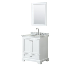 Wyndham  WCS202030SWHCMUNOM24 Deborah 30 Inch Single Bathroom Vanity in White, White Carrara Marble Countertop, Undermount Oval Sink, and 24 Inch Mirror