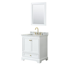 Wyndham  WCS202030SWGCMUNSM24 Deborah 30 Inch Single Bathroom Vanity in White, White Carrara Marble Countertop, Undermount Square Sink, Brushed Gold Trim, 24 Inch Mirror