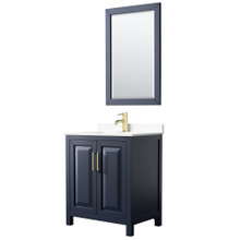 Wyndham  WCV252530SBLWCUNSM24 Daria 30 Inch Single Bathroom Vanity in Dark Blue, White Cultured Marble Countertop, Undermount Square Sink, 24 Inch Mirror
