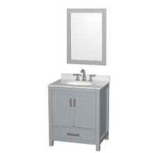 Wyndham  WCS141430SGYCMUNOM24 Sheffield 30 Inch Single Bathroom Vanity in Gray, White Carrara Marble Countertop, Undermount Oval Sink, and 24 Inch Mirror
