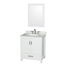 Wyndham  WCS141430SWHCMUNOM24 Sheffield 30 Inch Single Bathroom Vanity in White, White Carrara Marble Countertop, Undermount Oval Sink, and 24 Inch Mirror