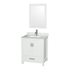 Wyndham  WCS141430SWHCMUNSM24 Sheffield 30 Inch Single Bathroom Vanity in White, White Carrara Marble Countertop, Undermount Square Sink, and 24 Inch Mirror