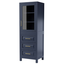Wyndham  WCV2525LTBL Daria Linen Tower in Dark Blue with Shelved Cabinet Storage and 3 Drawers