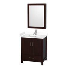 Wyndham  WCS141430SESWCUNSMED Sheffield 30 Inch Single Bathroom Vanity in Espresso, White Cultured Marble Countertop, Undermount Square Sink, Medicine Cabinet