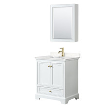 Wyndham  WCS202030SWGC2UNSMED Deborah 30 Inch Single Bathroom Vanity in White, Carrara Cultured Marble Countertop, Undermount Square Sink, Brushed Gold Trim, Medicine Cabinet