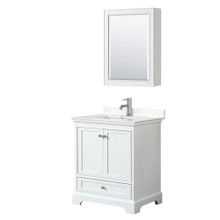 Wyndham  WCS202030SWHC2UNSMED Deborah 30 Inch Single Bathroom Vanity in White, Light-Vein Carrara Cultured Marble Countertop, Undermount Square Sink, Medicine Cabinet