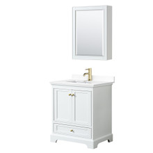 Wyndham  WCS202030SWGWCUNSMED Deborah 30 Inch Single Bathroom Vanity in White, White Cultured Marble Countertop, Undermount Square Sink, Brushed Gold Trim, Medicine Cabinet