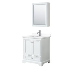 Wyndham  WCS202030SWHWCUNSMED Deborah 30 Inch Single Bathroom Vanity in White, White Cultured Marble Countertop, Undermount Square Sink, Medicine Cabinet