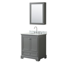 Wyndham  WCS202030SKGCMUNOMED Deborah 30 Inch Single Bathroom Vanity in Dark Gray, White Carrara Marble Countertop, Undermount Oval Sink, and Medicine Cabinet