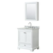 Wyndham  WCS202030SWHCMUNOMED Deborah 30 Inch Single Bathroom Vanity in White, White Carrara Marble Countertop, Undermount Oval Sink, and Medicine Cabinet