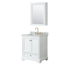 Wyndham  WCS202030SWGCMUNSMED Deborah 30 Inch Single Bathroom Vanity in White, White Carrara Marble Countertop, Undermount Square Sink, Brushed Gold Trim, Medicine Cabinet