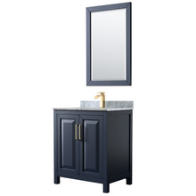 Wyndham  WCV252530SBLCMUNSM24 Daria 30 Inch Single Bathroom Vanity in Dark Blue, White Carrara Marble Countertop, Undermount Square Sink, 24 Inch Mirror