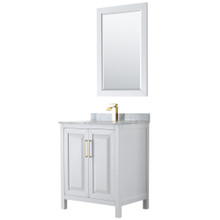 Wyndham  WCV252530SWGCMUNSM24 Daria 30 Inch Single Bathroom Vanity in White, White Carrara Marble Countertop, Undermount Square Sink, 24 Inch Mirror, Brushed Gold Trim