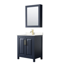 Wyndham  WCV252530SBLC2UNSMED Daria 30 Inch Single Bathroom Vanity in Dark Blue, Light-Vein Carrara Cultured Marble Countertop, Undermount Square Sink, Medicine Cabinet