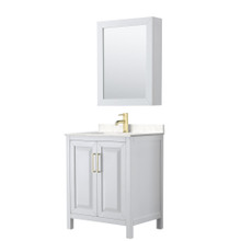 Wyndham  WCV252530SWGC2UNSMED Daria 30 Inch Single Bathroom Vanity in White, Light-Vein Carrara Cultured Marble Countertop, Undermount Square Sink, Medicine Cabinet, Brushed Gold Trim