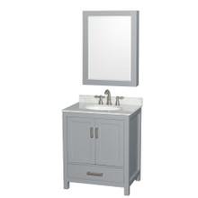 Wyndham  WCS141430SGYCMUNOMED Sheffield 30 Inch Single Bathroom Vanity in Gray, White Carrara Marble Countertop, Undermount Oval Sink, and Medicine Cabinet