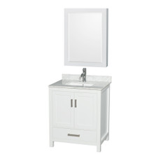 Wyndham  WCS141430SWHCMUNSMED Sheffield 30 Inch Single Bathroom Vanity in White, White Carrara Marble Countertop, Undermount Square Sink, and Medicine Cabinet