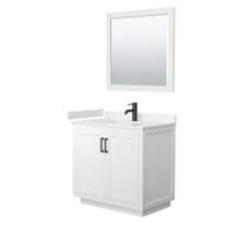 Wyndham  WCF292936SWBC2UNSM34 Miranda 36 Inch Single Bathroom Vanity in White, Light-Vein Carrara Cultured Marble Countertop, Undermount Square Sink, Matte Black Trim, 34 Inch Mirror