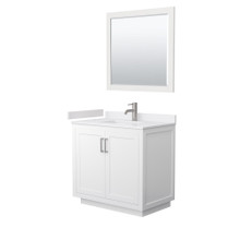 Wyndham  WCF292936SWHWCUNSM34 Miranda 36 Inch Single Bathroom Vanity in White, White Cultured Marble Countertop, Undermount Square Sink, Brushed Nickel Trim, 34 Inch Mirror