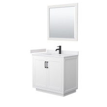 Wyndham  WCF292936SWBWCUNSM34 Miranda 36 Inch Single Bathroom Vanity in White, White Cultured Marble Countertop, Undermount Square Sink, Matte Black Trim, 34 Inch Mirror