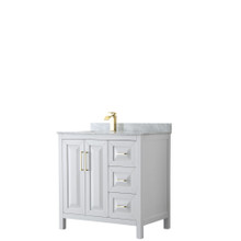 Wyndham  WCV252536SWGCMUNSMXX Daria 36 Inch Single Bathroom Vanity in White, White Carrara Marble Countertop, Undermount Square Sink, Brushed Gold Trim