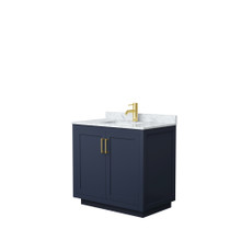 Wyndham  WCF292936SBLCMUNSMXX Miranda 36 Inch Single Bathroom Vanity in Dark Blue, White Carrara Marble Countertop, Undermount Square Sink, Brushed Gold Trim