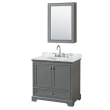 Wyndham  WCS202036SKGCMUNOMED Deborah 36 Inch Single Bathroom Vanity in Dark Gray, White Carrara Marble Countertop, Undermount Oval Sink, and Medicine Cabinet