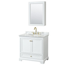 Wyndham  WCS202036SWGCMUNOMED Deborah 36 Inch Single Bathroom Vanity in White, White Carrara Marble Countertop, Undermount Oval Sink, Brushed Gold Trim, Medicine Cabinet