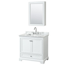Wyndham  WCS202036SWHCMUNSMED Deborah 36 Inch Single Bathroom Vanity in White, White Carrara Marble Countertop, Undermount Square Sink, and Medicine Cabinet