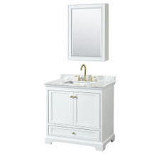 Wyndham  WCS202036SWGCMUNSMED Deborah 36 Inch Single Bathroom Vanity in White, White Carrara Marble Countertop, Undermount Square Sink, Brushed Gold Trim, Medicine Cabinet