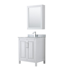 Wyndham  WCV252530SWHCMUNSMED Daria 30 Inch Single Bathroom Vanity in White, White Carrara Marble Countertop, Undermount Square Sink, and Medicine Cabinet