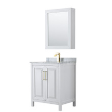 Wyndham  WCV252530SWGCMUNSMED Daria 30 Inch Single Bathroom Vanity in White, White Carrara Marble Countertop, Undermount Square Sink, Medicine Cabinet, Brushed Gold Trim